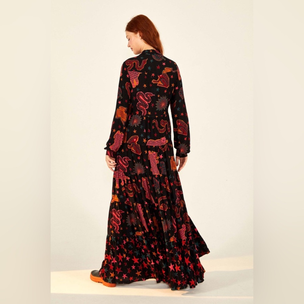 FARM Rio Black Maxi Dress with Pink, Orange, Yellow and Green Motifs - Picture 2 of 3